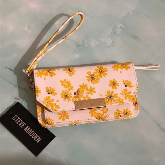 Flap Wristlet STEVE MADDEN Beautiful Yellow Floral & Functionality - Picture 1 of 16
